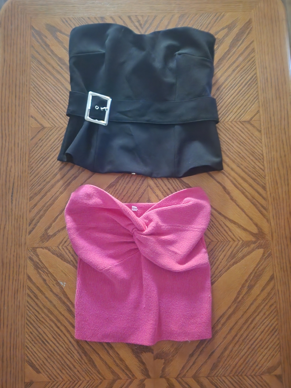 Strapless Pink Bow Tube Top And Black Vintage Top